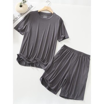 夏季涼爽透氣莫代爾睡衣休閑男士家居服爸爸短褲短袖兩件套大碼薄