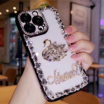 自帶鏡頭膜適用于iPhone16pro max蘋果13手機殼12高級感奢華水鉆15Plus天鵝簡約透明14保護套全包防摔女