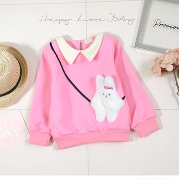 厚款 粉嫩翻領毛毛兔口袋刷毛長袖上衣 秋冬童裝 女童上衣 女童長袖 女童棉T 女童T恤 長袖上衣