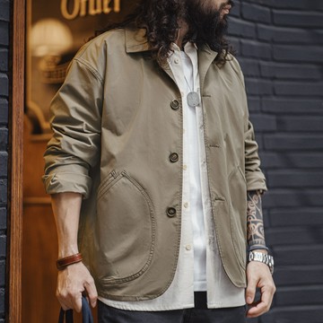 馬登工裝法式復古斜插袋工裝夾克薄款梭織翻領休閒廓形外套男春