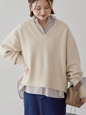 V領寬羅紋長袖針織上衣(0H000672100) - AMERICAN HOLIC