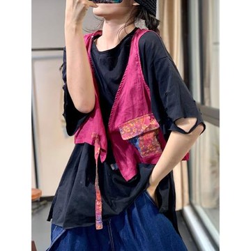 復古民族風馬甲2025夏新款寬松百搭短款棉麻開衫外搭薄款馬夾外穿