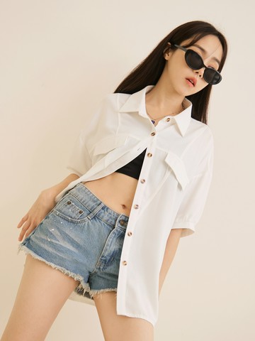 冰絲不易皺素色造型剪接寬版襯衫