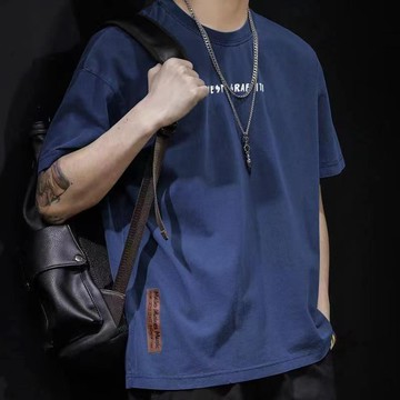100%重磅純棉印花短袖t恤男夏季美式復古寬鬆百搭男士半袖體恤潮
