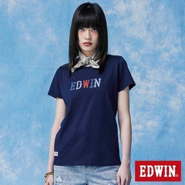 EDWIN 女裝 再生系列 CORE 英文字母印花短袖T恤-丈青色