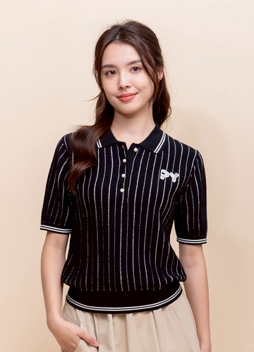 時髦休閒翻領條紋針織衫