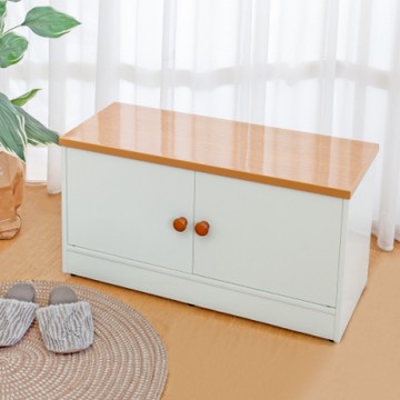 Birdie南亞塑鋼-2.8尺二門防水塑鋼坐式鞋櫃/座鞋櫃/收納穿鞋椅(木紋色+白色)-84x35x45cm