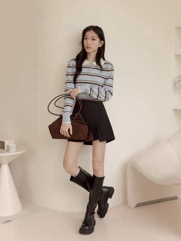 小尖領奶霜條紋針織