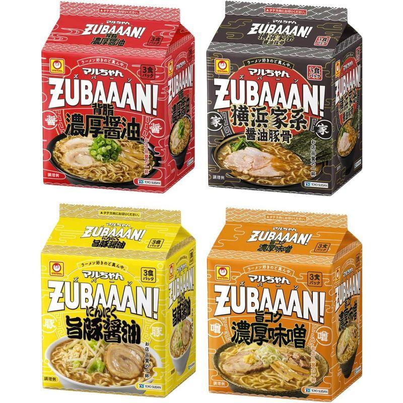 マルちゃん ZUBAAAN ズバーン 4種類セット(計12食) 背脂濃厚醤油 3食パック×1 旨コク濃厚味噌 3食パック×1 にんにく旨豚醤