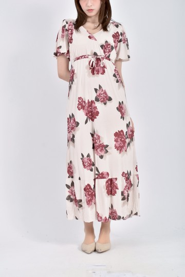 (M) pique質感花卉粉色洋裝