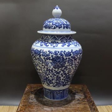 清乾隆年制青花 纏枝蓮紋將軍罐 仿古景德鎮官窯瓷器擺件古玩收藏1入