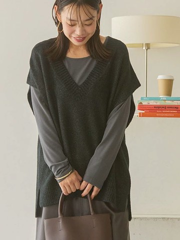 閃亮V領針織側開衩長版背心(0H000787900) - AMERICAN HOLIC