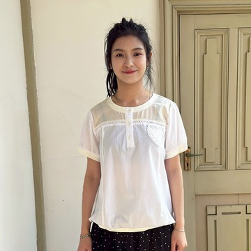 花木馬日系女裝圓領拼接泡袖收口上衣