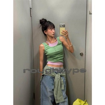 Unique SEI 博主同款韓系夏季拼接撞色休閑吊帶背心上衣兩件套女