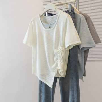 胖胖美依 上衣 短袖T卹 印花上衣 中大尺寸S-4XL新款設計感抽繩假兩件短袖寬鬆時尚上衣-7265.