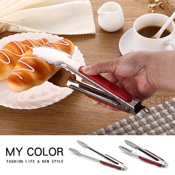 食品夾 不銹鋼夾 烤肉夾 夾子 鐵夾 烘焙 燒烤夾 麵包夾 油炸夾 熟食夾 牛排夾 燒烤夾 耐熱夾 中秋節 廚房工具 料理 夾菜 紅柄不鏽鋼食物夾 ♚MY COLOR♚【J030】
