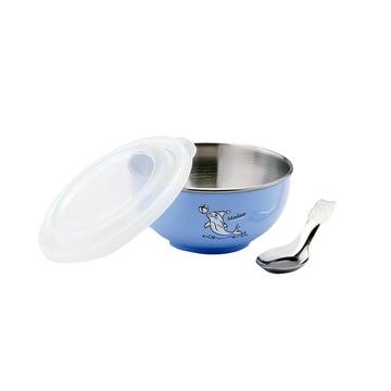 ZEBRA THAILAND 斑馬牌 304不銹鋼兒童隔熱碗 可愛造型圖案 附PE蓋  附蓋兒童碗 + 湯匙  藍色  1組