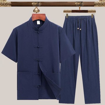 中國風唐裝男夏天薄款短袖套裝中老年男裝真絲衣服婚禮漢服爸爸裝