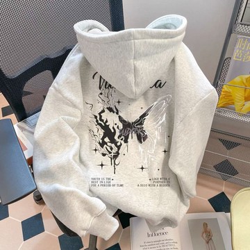 胖胖美依 上衣 M-2XL長袖T卹 大學T 連帽T 印花上衣 新款銀狐絨美式拉絲蝴蝶印花連帽衛衣上衣外套-10323.