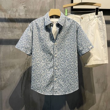 高級感拼接襯衫男夏季潮牌痞帥冰絲短袖襯衣25新款男士夏裝寸衫