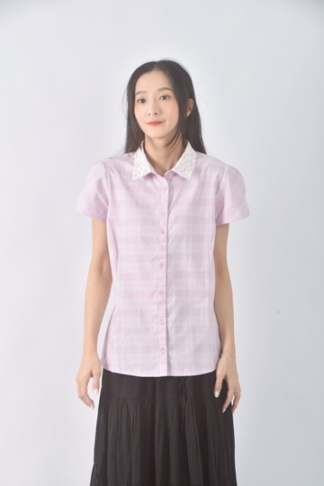(S) traveler蕾絲格紋短袖紫色襯衫上衣