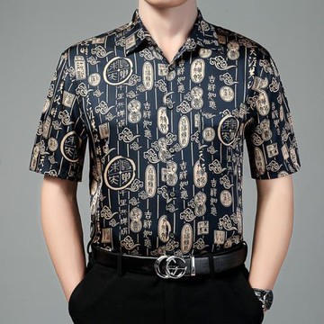 杭州絲綢緞中老年人男士真絲短袖父親襯衫男式爸爸夏裝桑蠶絲上衣