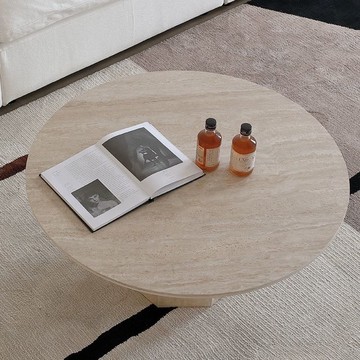 侘寂風茶幾茶幾大理石圓形設計師法式洞石巖板咖啡桌子小茶臺J-20公司貨