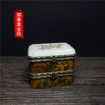 古玩雜項漢白玉首飾盒老牛骨鑲嵌白玉雕刻雙層胭脂盒仿古多款圖案