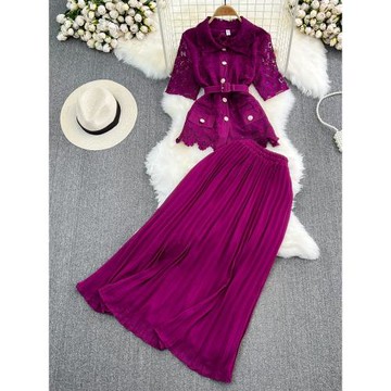 時尚套裝女輕奢翻領寬松單排扣蕾絲襯衫兩件套高腰a字百褶半身裙