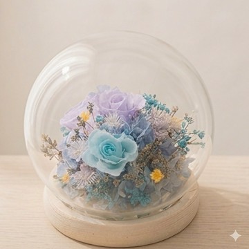 【依織IORI Boutique Florist】【畢業禮物 】【謝師禮 】念想-圓形永生花透明玻璃罩LED燈 日本永生花 生日花禮 情人節花束 花禮 居家裝飾 辦公室裝飾 全台配送