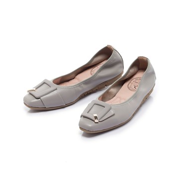 【新品】我的旅行日記  典雅方釦羊皮平底娃娃鞋  岩灰 (502998)