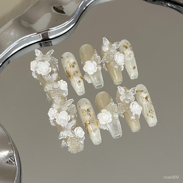 ➕最新設計款穿戴甲💅高端手工穿戴甲片高級感山茶花蝴蝶美甲貼片可拆卸氣質顯白假指甲長梯穿戴甲 EHOB