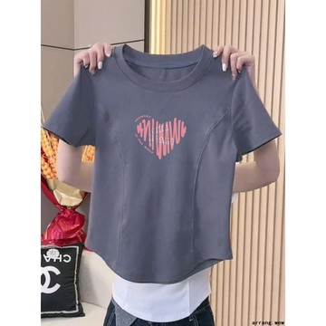 【純欲風設計款】短袖T恤 短袖上衣 夏季女上衣 圓領弧形下擺 減齡簡約不規則設計 短袖t恤女 上衣 上衣女短袖 ins風