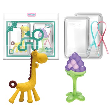 ange 造型固齒器套裝  長頸鹿固齒器 + 3D葡萄固齒器 + 透明保護盒2個 + 矽膠鍊夾(隨機出貨)2個  1組