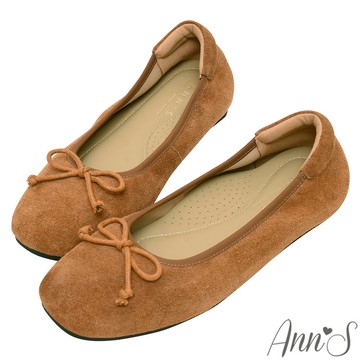 Ann’S寬腳版友善 牛麂皮真皮蝴蝶結娃娃鞋1.5cm-棕