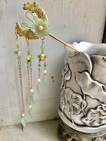 喵手作~月彎彎雙面髮簪/金、綠色系