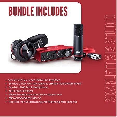 Focusrite Scarlett 2i2 Studio 3rd Gen USB Audio Interface Bundle with Pro Tools First, Microphone, Headphones, XLR Cable, Knox Studio Stand, Shock Mou