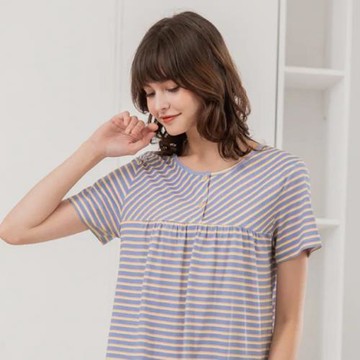 La Felino - 微笑佳人100%棉半開釦短袖洋裝睡衣-微笑紫【C6102】