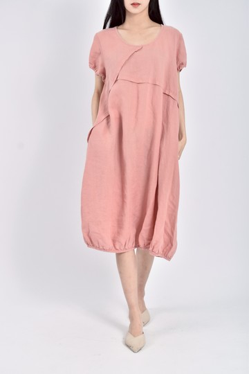 (M) 質感短袖粉色洋裝