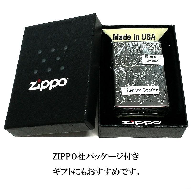 ZIPPO ライター 中世模様 ヨーロピアン レース チタン加工 ジッポ 両面加工 グレー おしゃれ エッチング彫刻 両面別柄 ブラック