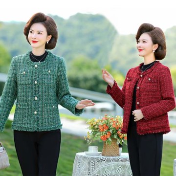 媽媽裝春秋款小香風毛邊短款格子上衣中年女韓版時尚小個子短外套