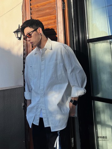 極簡白襯衫男士秋季不規則襯衣男款高級感長袖外套時尚潮流男裝