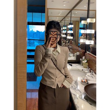 復古學院風假兩件針織開衫女秋冬新款內搭打底衫修身顯瘦長袖上衣