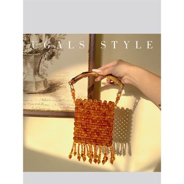 UGALS新中式竹節手工編織串珠珍珠流蘇宴會琥珀色手機手拿斜挎包