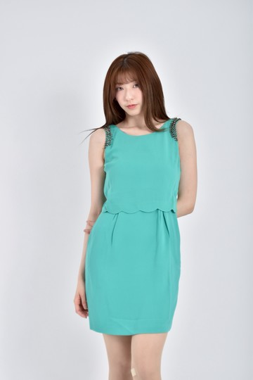 (S) oasis禮服水鑽荷葉邊無袖綠色洋裝
