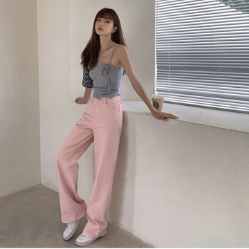 實拍M-2XL  韓系時髦闊腿褲女 粉色牛仔褲女 高腰顯瘦褲子 寬鬆直筒褲 休閒長褲女 韓系穿搭 粉色褲子 日系女裝