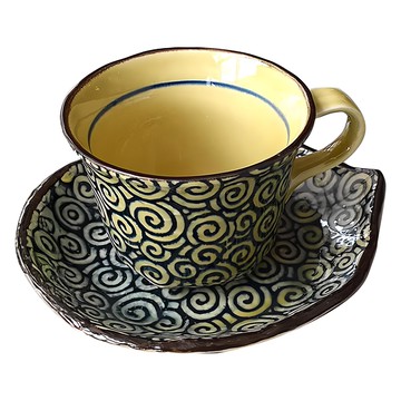 美濃燒 唐草咖啡杯皿組 日本製  1組  黃色 + 黑色