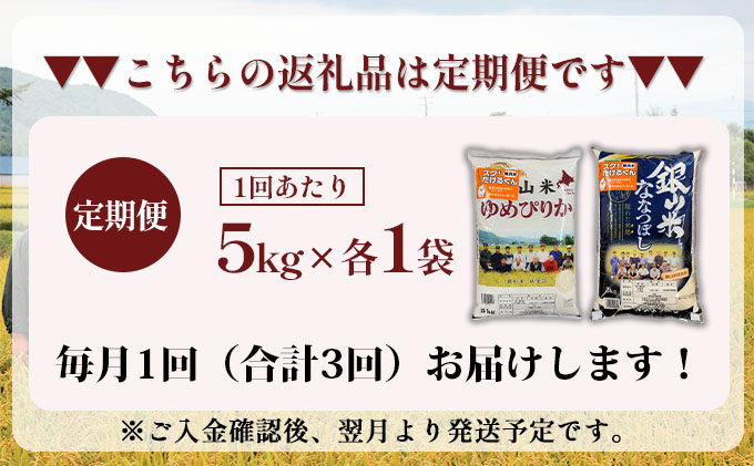 3ヵ月連続お届け　銀山米研究会の無洗米＜ゆめぴりか＆ななつぼし＞セット（計10kg）