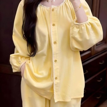 日系純色甜美風睡衣女 春秋季新款開衫休閒花邊長袖家居服套裝 ins 家居服套裝 女生睡衣 睡衣套裝 居家服 長袖睡衣