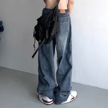 Blie 牛仔褲男 直筒褲男 牛仔長褲美式ins日系復古牛仔褲男寬松直筒墜感闊腿褲純色潮牌高街老爹褲